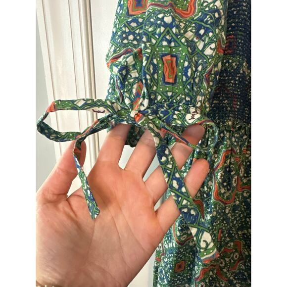 Cara Cara Moroccan Tile Teal Jazzy Midi Dress Size Large Boho Smocked Dress - Picture 7 of 12
